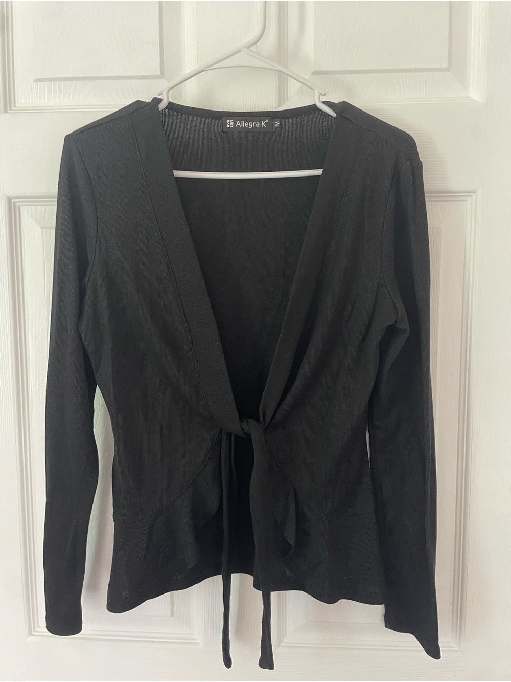 Allegra K Black Shimmery Tie-Front Long Sleeve Shrug Jacket